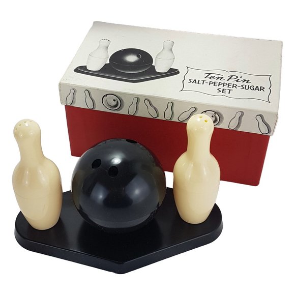 Vintage Salt and Pepper and Sugar Set Ten Pin Bowling Retro Collectible with Box - Picture 1 of 12